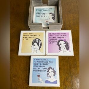 Zumatico Wooden Drink Coasters Women & Wine Drinkers Fun Commentary Set of 4